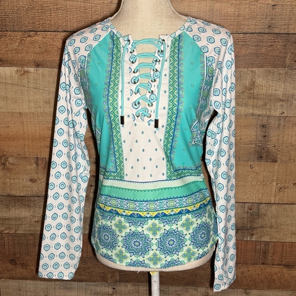 Cabana Life: Women’s Lace Up Long Sleeve Long Sleeve Top size Medium Aqua Sea